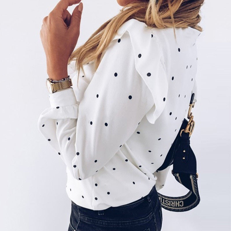 O-neck Buttons Elegant Ruffle Polka Dot Print Street Wear Shirt Mssza