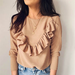 O-neck Elegant Ruffle Solid Long Sleeve Street Wear Blouse Mssza
