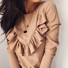 O-neck Elegant Ruffle Solid Long Sleeve Street Wear Blouse Mssza