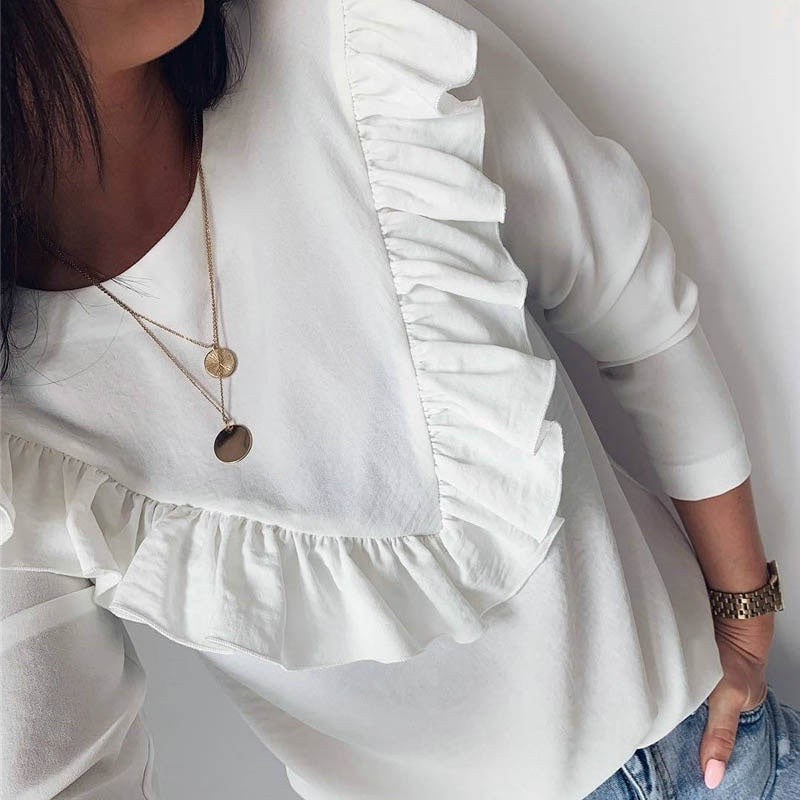 O-neck Elegant Ruffle Solid Long Sleeve Street Wear Blouse Mssza