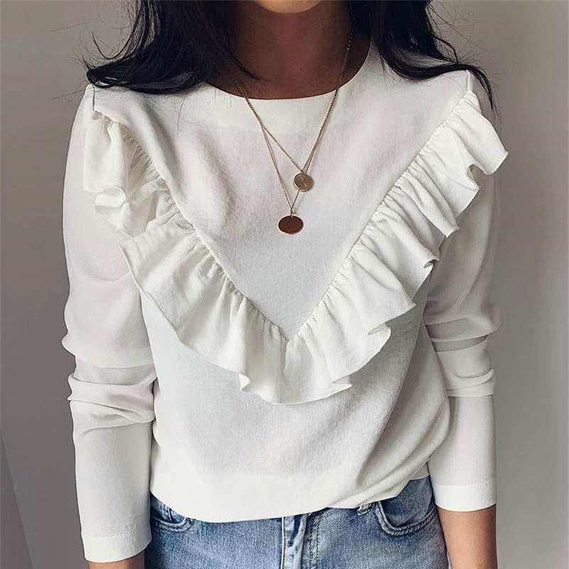 O-neck Elegant Ruffle Solid Long Sleeve Street Wear Blouse Mssza