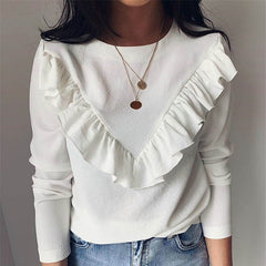 O-neck Elegant Ruffle Solid Long Sleeve Street Wear Blouse Mssza
