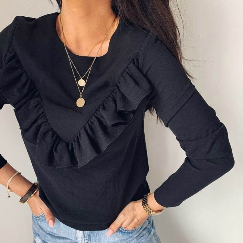 O-neck Elegant Ruffle Solid Long Sleeve Street Wear Blouse Mssza