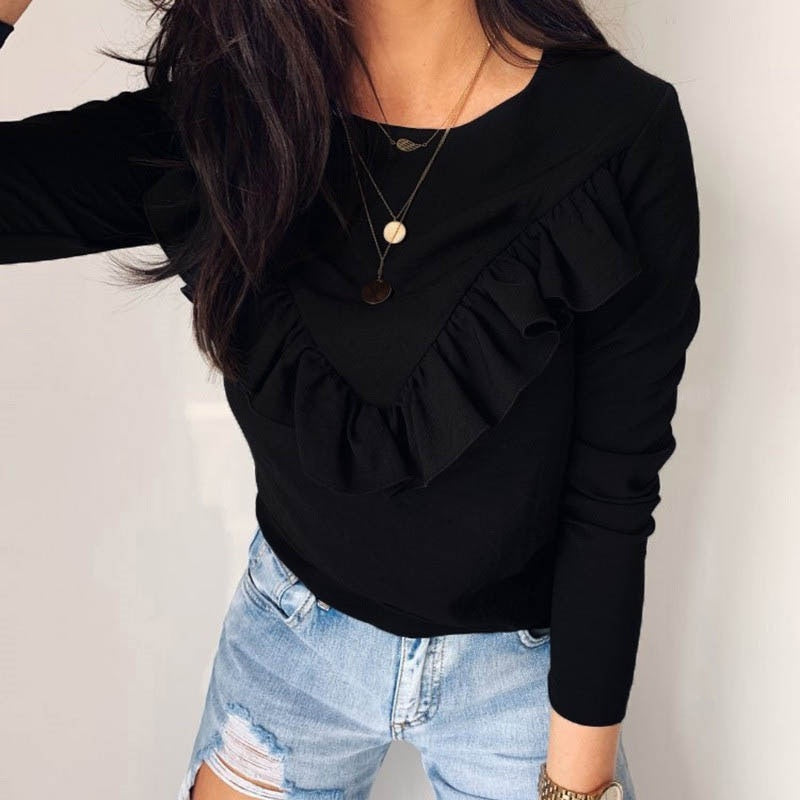 O-neck Elegant Ruffle Solid Long Sleeve Street Wear Blouse Mssza