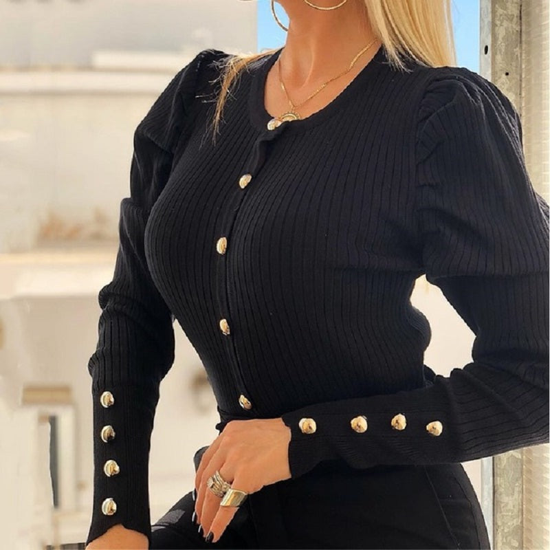 O-neck Metal Buttons Long Sleeve Solid Ribbed Knitted Blouse Mssza