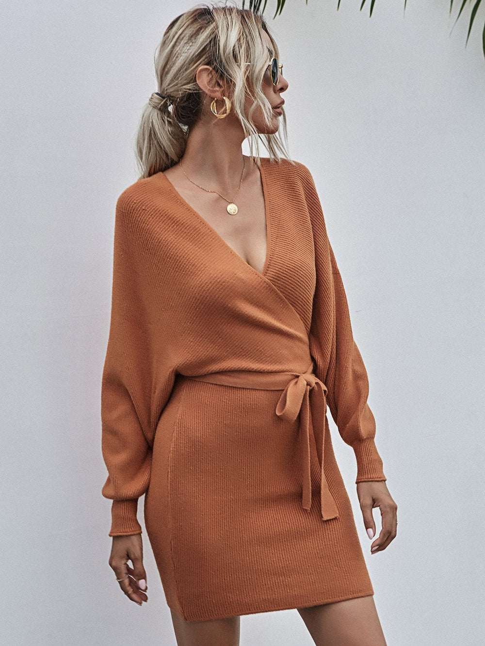 Surplice Wrap Batwing Sleeve Ribbed Dress Mssaz Desses