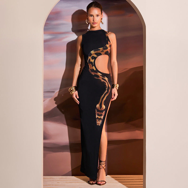 High Slit Hollow Out Snake Print Maxi Dress Mssaz Desses
