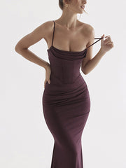 Square Neck Ruched Corset Fishtail Evening Maxi Dress Mssaz Desses