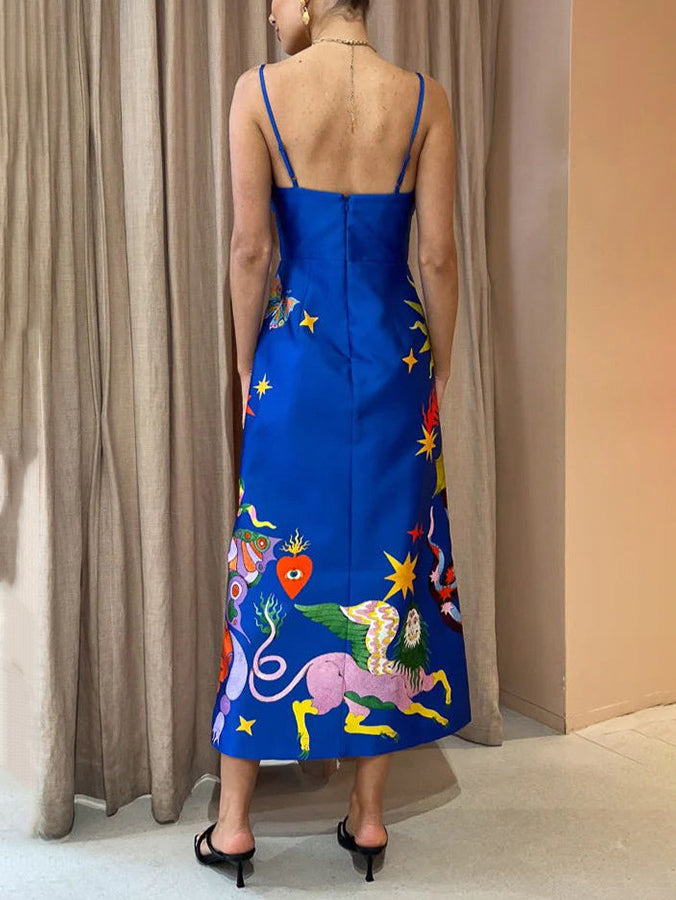 Satin Backless Printed Sleeveless Midi Dress Mssaz Desses