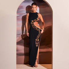 High Slit Hollow Out Snake Print Maxi Dress Mssaz Desses