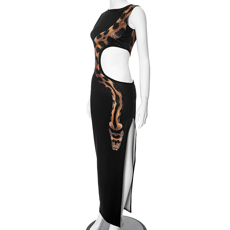 High Slit Hollow Out Snake Print Maxi Dress Mssaz Desses