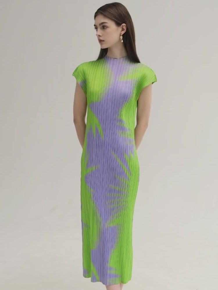 Pleated Sleeveless Turtleneck Slim Fit Dress Mssaz Desses