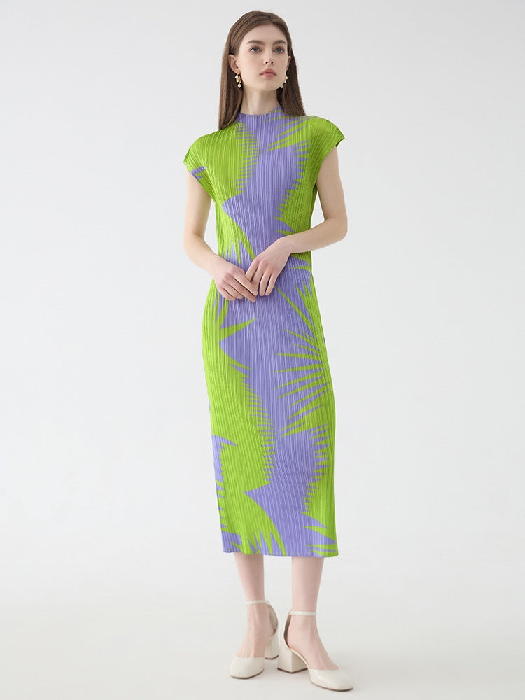 Pleated Sleeveless Turtleneck Slim Fit Dress Mssaz Desses