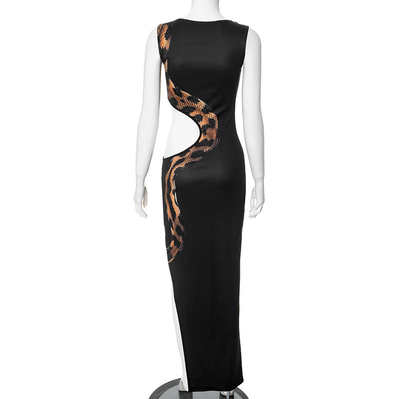 High Slit Hollow Out Snake Print Maxi Dress Mssaz Desses