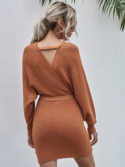 Surplice Wrap Batwing Sleeve Ribbed Dress Mssaz Desses