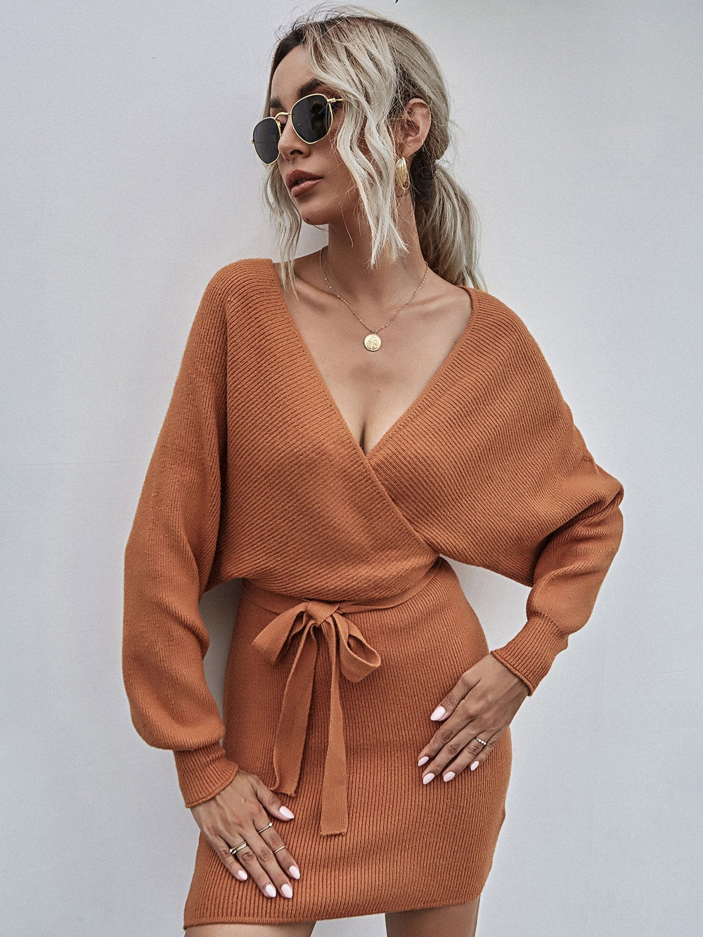 Surplice Wrap Batwing Sleeve Ribbed Dress Mssaz Desses