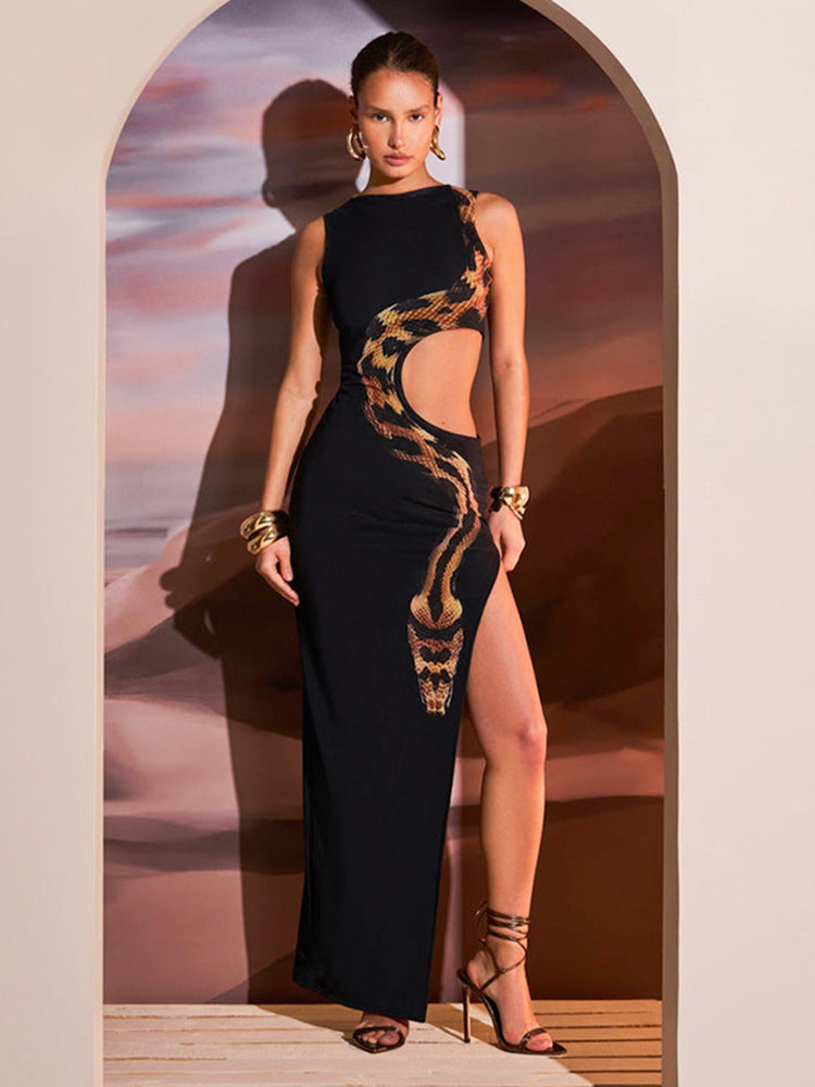 High Slit Hollow Out Snake Print Maxi Dress Mssaz Desses