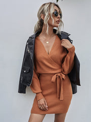 Surplice Wrap Batwing Sleeve Ribbed Dress Mssaz Desses
