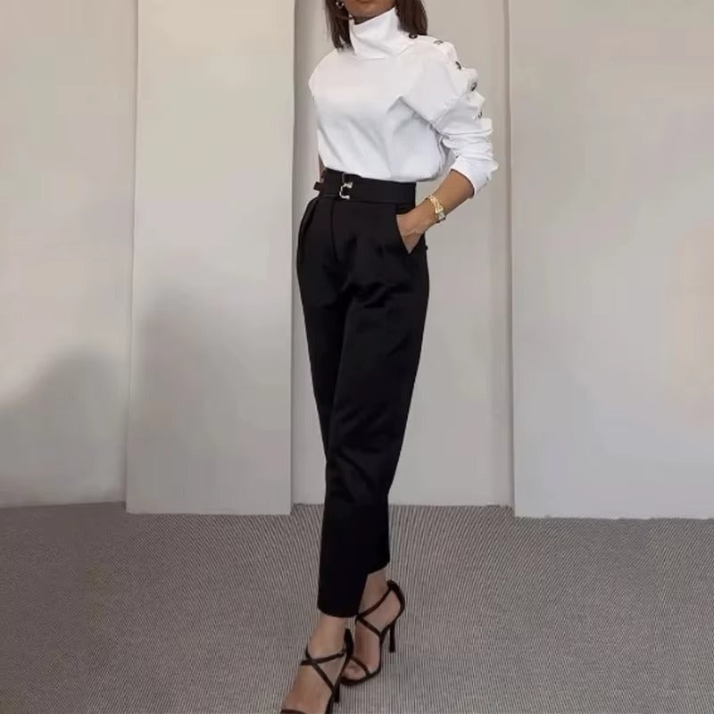 Oblique Shoulder Turtleneck Solid Regular Full Sleeve Slim Fit Long Pant High Waist Two Piece Sets Mssza