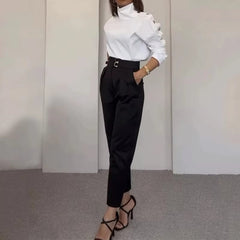 Oblique Shoulder Turtleneck Solid Regular Full Sleeve Slim Fit Long Pant High Waist Two Piece Sets Mssza
