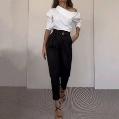 Oblique Shoulder Turtleneck Solid Regular Full Sleeve Slim Fit Long Pant High Waist Two Piece Sets Mssza