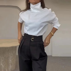 Oblique Shoulder Turtleneck Solid Regular Full Sleeve Slim Fit Long Pant High Waist Two Piece Sets Mssza