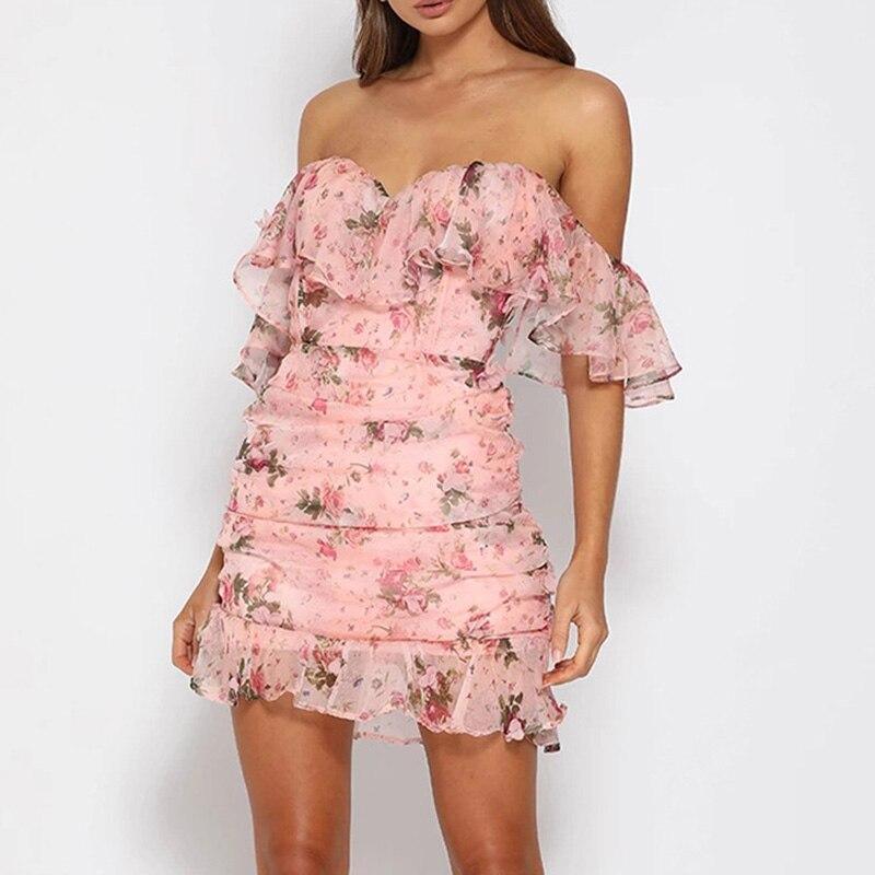 Short Sleeve Slash Neck Flower Print  Dress Mssaz Desses