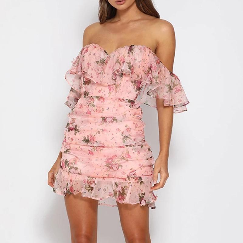 Short Sleeve Slash Neck Flower Print  Dress Mssaz Desses