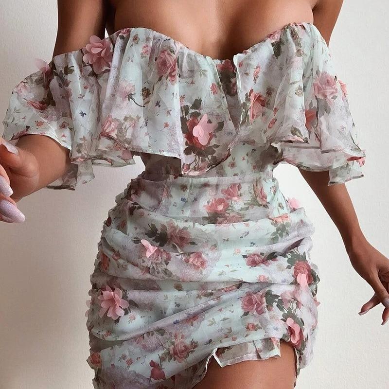 Short Sleeve Slash Neck Flower Print  Dress Mssaz Desses
