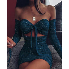 Off Shoulder Glitter Dress Front Lace Up Hollow Out Ruchech Party Dress Stretchy Glittering  Dresses Bodycon Vestidos Mssaz Desses