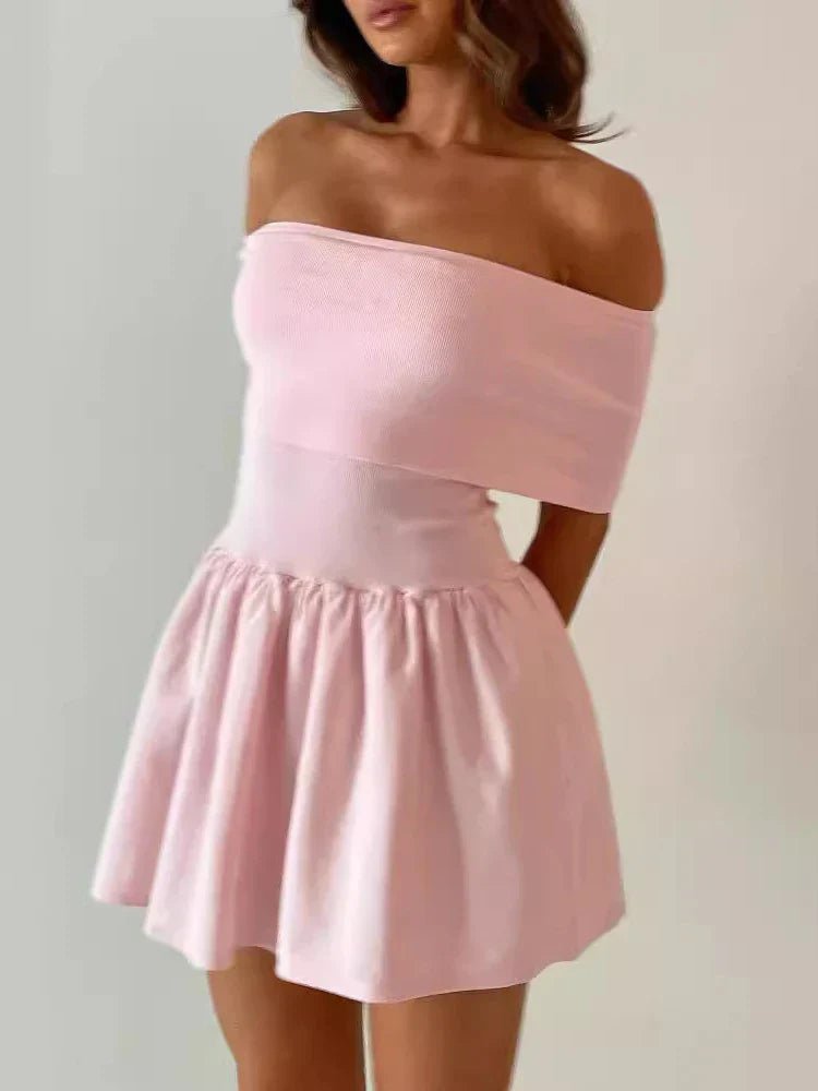 Off Shoulder Knit  Strapless Pink Draped Wedding Party Mini Dress Mssaz Desses