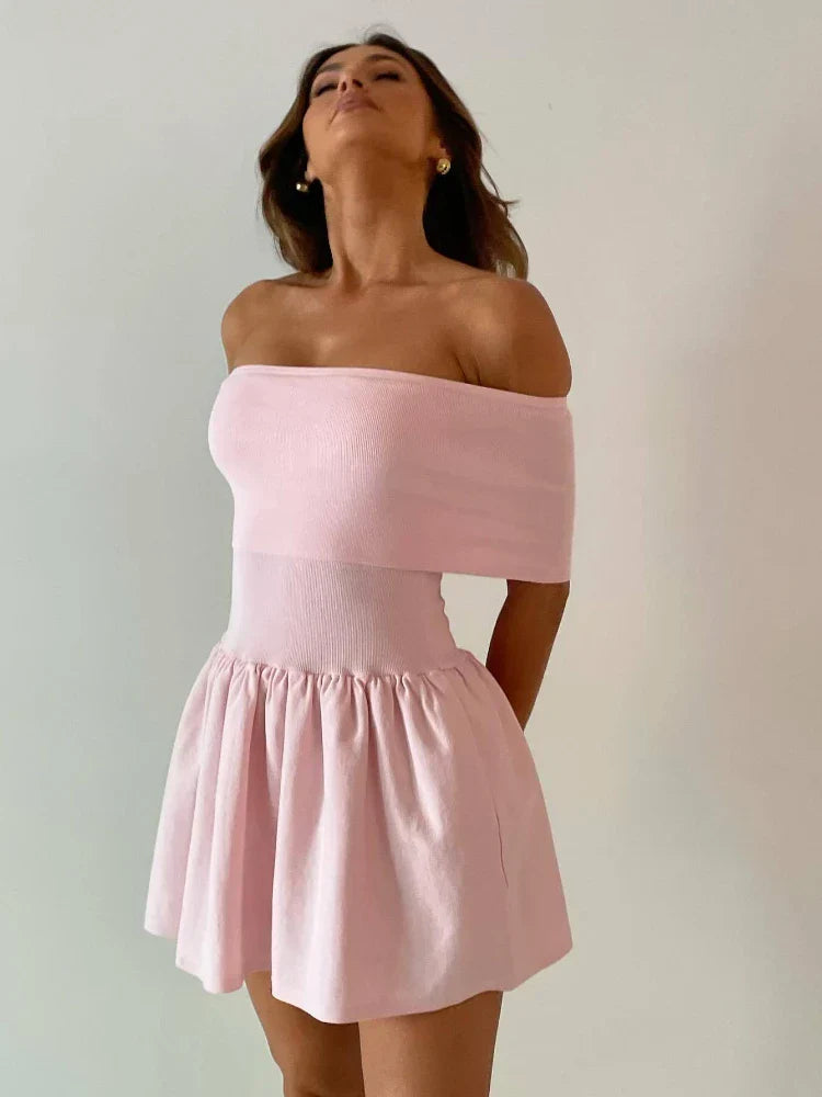 Off Shoulder Knit  Strapless Pink Draped Wedding Party Mini Dress Mssaz Desses