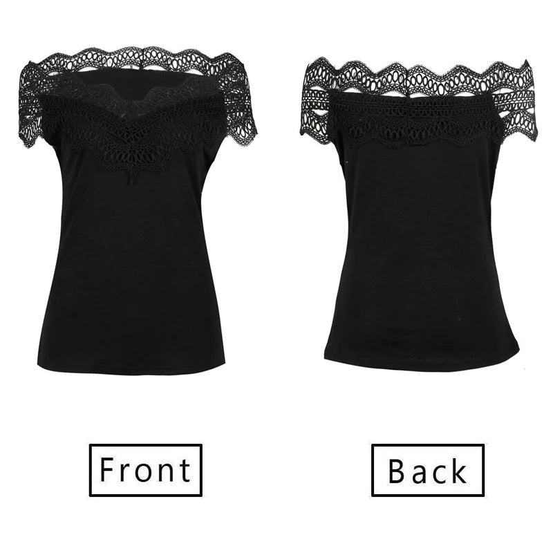 Off Shoulder Lace Slash Neck Patchwork Slim Fit Blouses Mssza