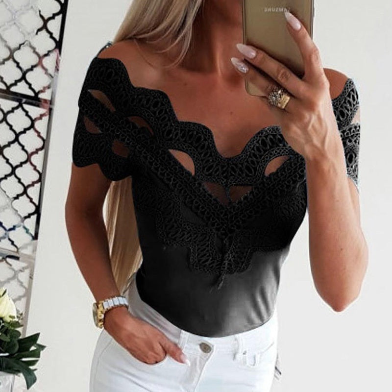 Off Shoulder Lace Slash Neck Patchwork Slim Fit Blouses Mssza