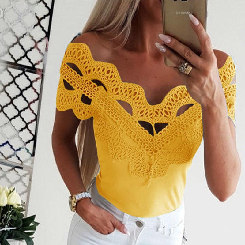 Off Shoulder Lace Slash Neck Patchwork Slim Fit Blouses Mssza