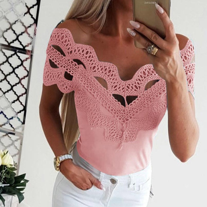 Off Shoulder Lace Slash Neck Patchwork Slim Fit Blouses Mssza
