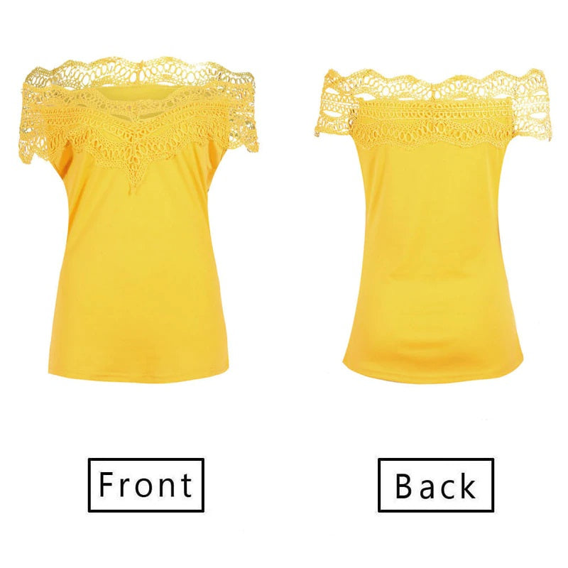 Off Shoulder Lace Slash Neck Patchwork Slim Fit Blouses Mssza