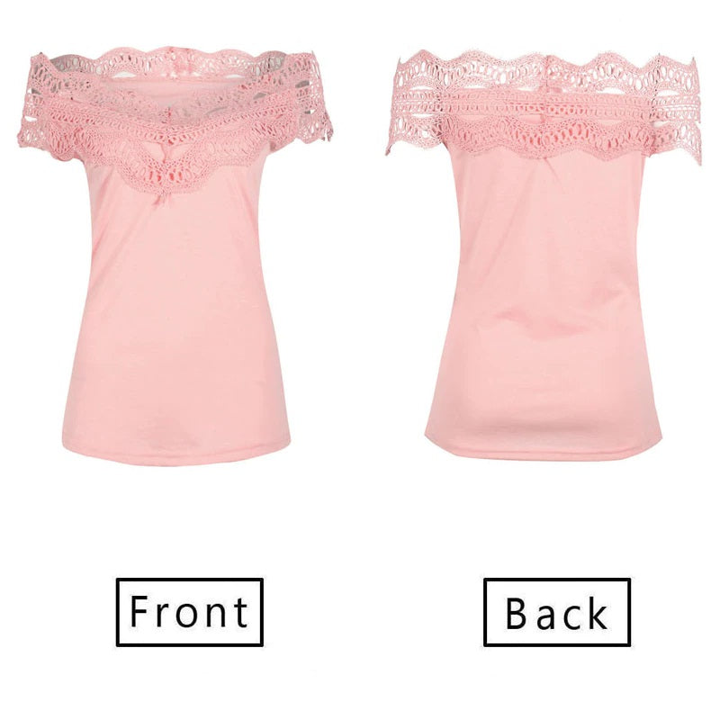 Off Shoulder Lace Slash Neck Patchwork Slim Fit Blouses Mssza