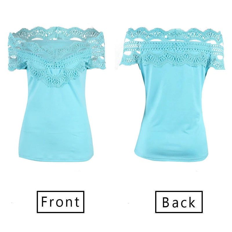 Off Shoulder Lace Slash Neck Patchwork Slim Fit Blouses Mssza
