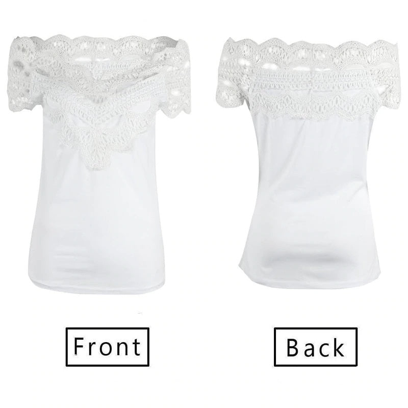 Off Shoulder Lace Slash Neck Patchwork Slim Fit Blouses Mssza