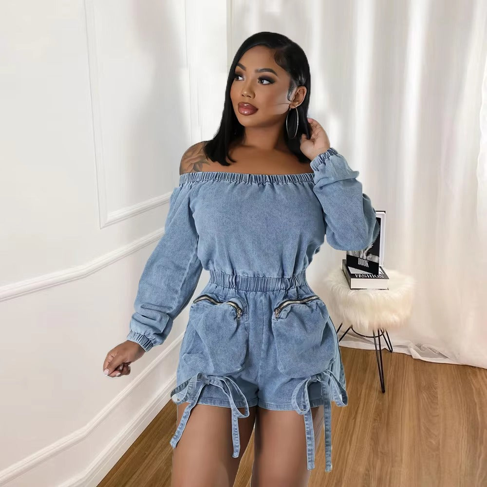 Casual Off Shoulder Long Sleeve Front Pocket Straight Washed Jeans Denim Jumpsuit Mssza