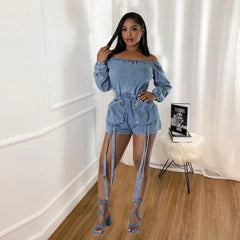 Casual Off Shoulder Long Sleeve Front Pocket Straight Washed Jeans Denim Jumpsuit Mssza