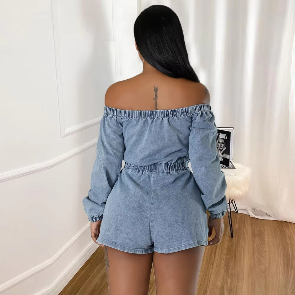 Casual Off Shoulder Long Sleeve Front Pocket Straight Washed Jeans Denim Jumpsuit Mssza