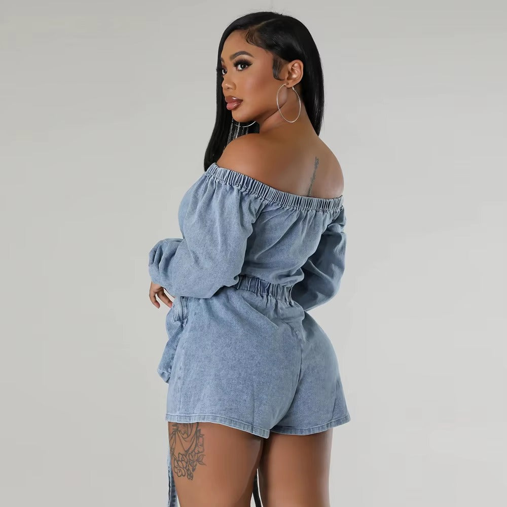 Casual Off Shoulder Long Sleeve Front Pocket Straight Washed Jeans Denim Jumpsuit Mssza
