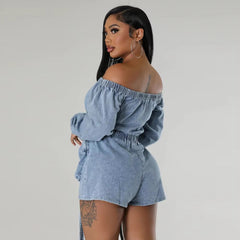 Casual Off Shoulder Long Sleeve Front Pocket Straight Washed Jeans Denim Jumpsuit Mssza