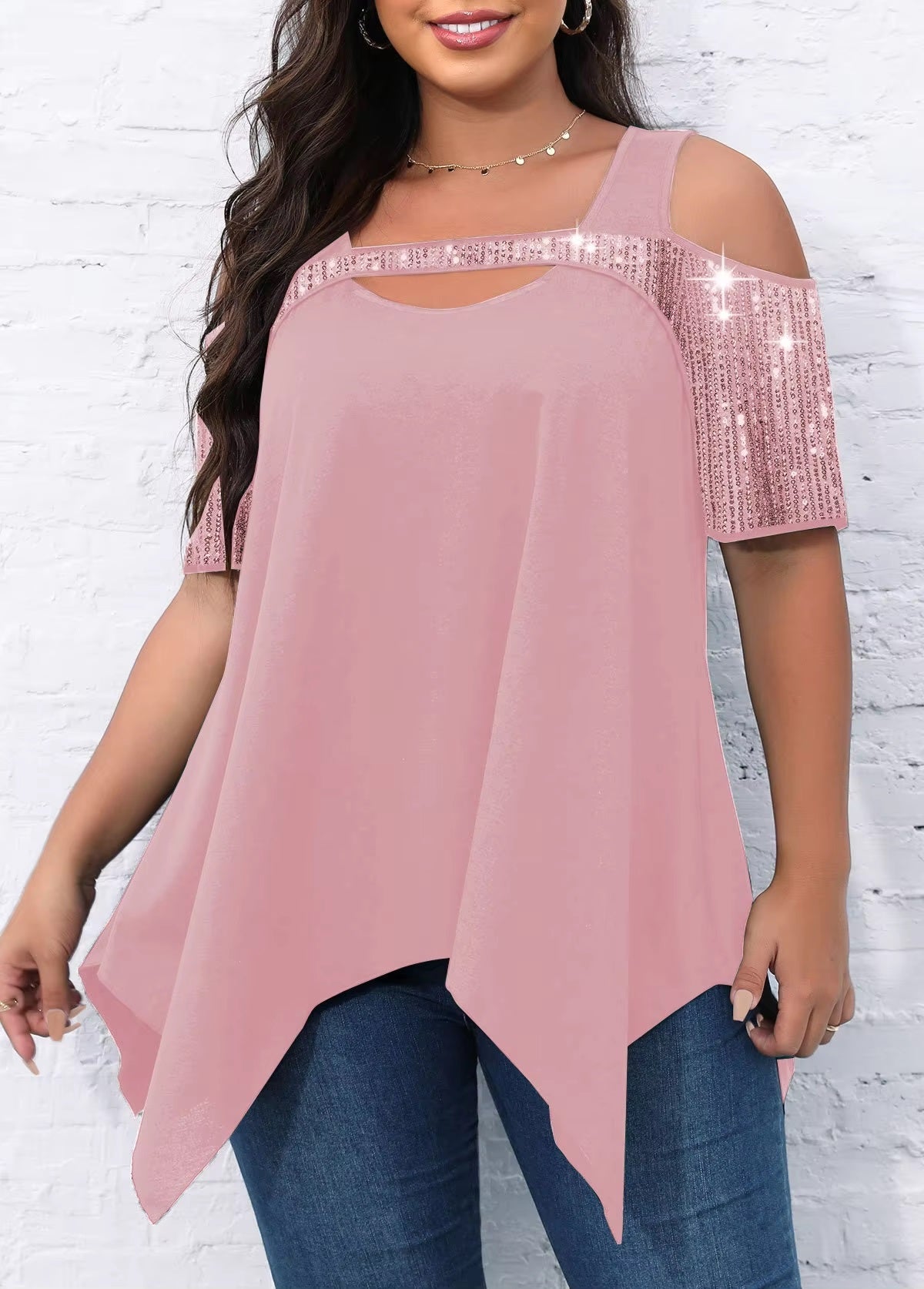 Off Shoulder Sequin Solid Color Loose Tops Mssza
