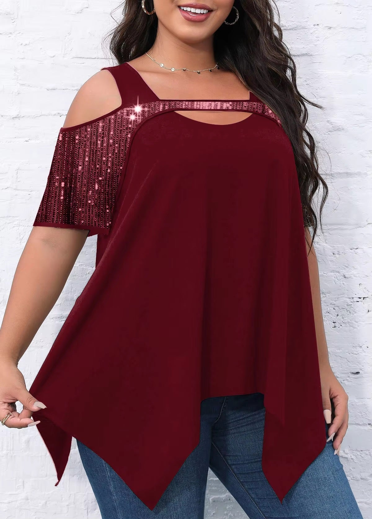 Off Shoulder Sequin Solid Color Loose Tops Mssza