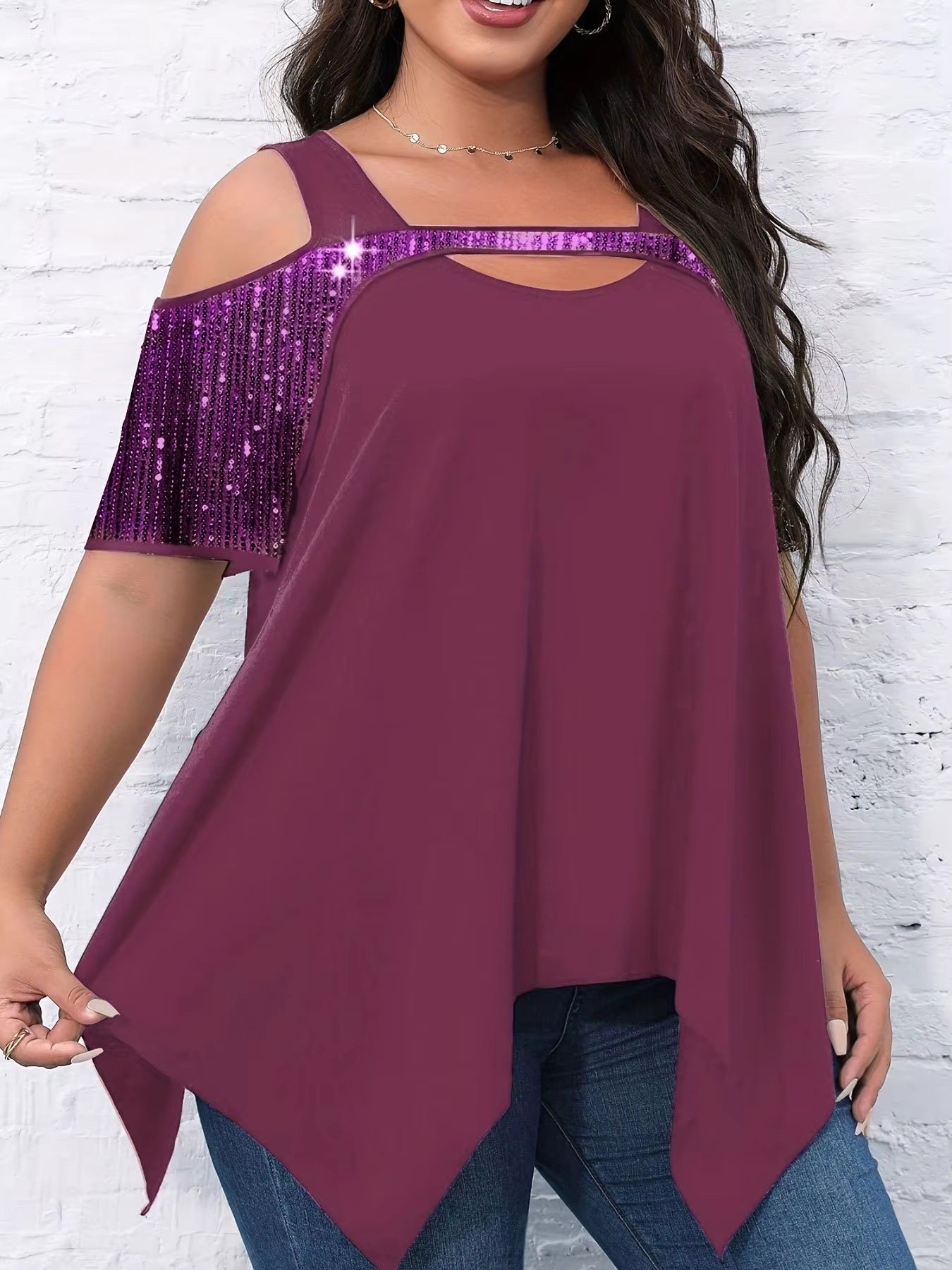 Off Shoulder Sequin Solid Color Loose Tops Mssza