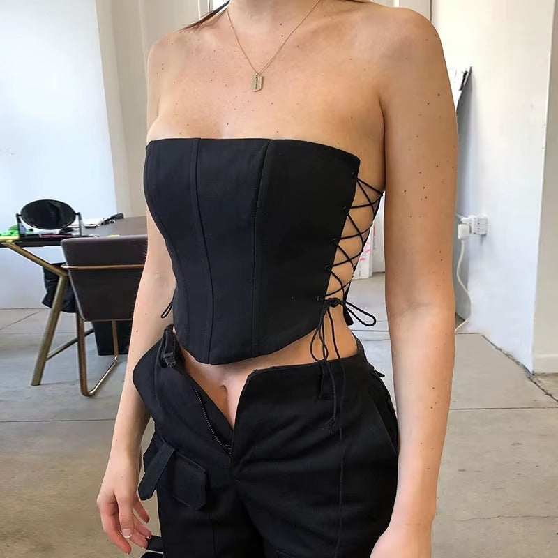 Casual Off Shoulder Strapless Sleeveless Lace Up Bustier Corset Crop Tops Mssza