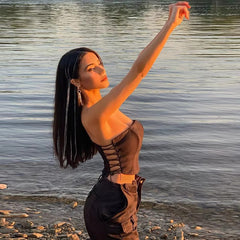 Casual Off Shoulder Strapless Sleeveless Lace Up Bustier Corset Crop Tops Mssza